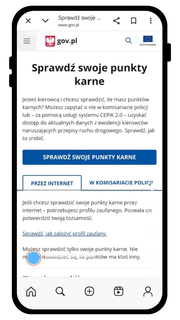 Widok strony gov.pl na smartfonie z informacją „Sprawdź swoje punkty karne” oraz przyciskiem do sprawdzenia punktów przez internet lub w komisariacie policji.