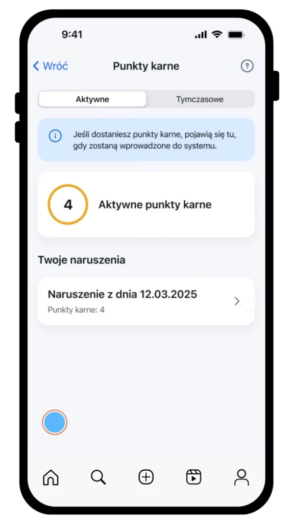 Widok punktów karnych w aplikacji mObywatel – aktywne punkty i historia naruszeń kierowcy
