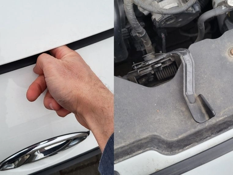 Dźwignia otwierania pokrywy silnika w samochodzie Hyundai i20.