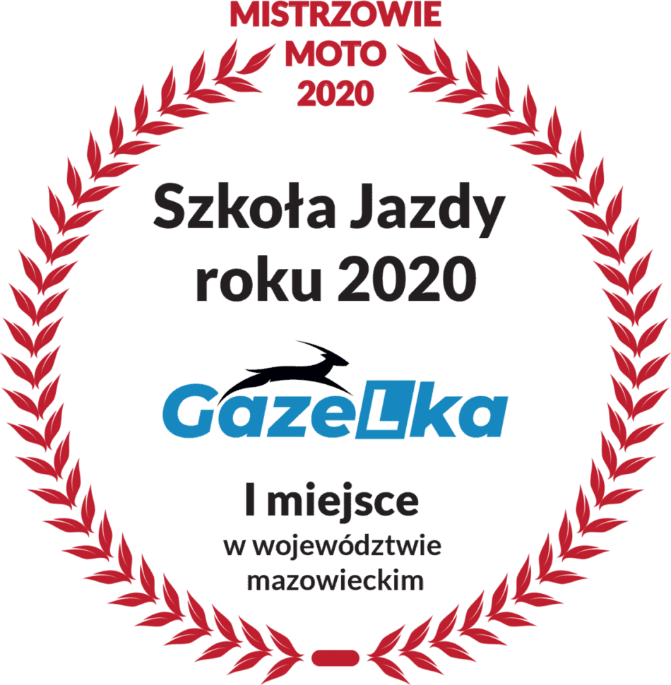 Grafika z czerwonym wieńcem laurowym i napisem „Mistrzowie Moto 2020 – Szkoła Jazdy roku 2020”, z logo GAZeLka oraz informacją o I miejscu w województwie mazowieckim.