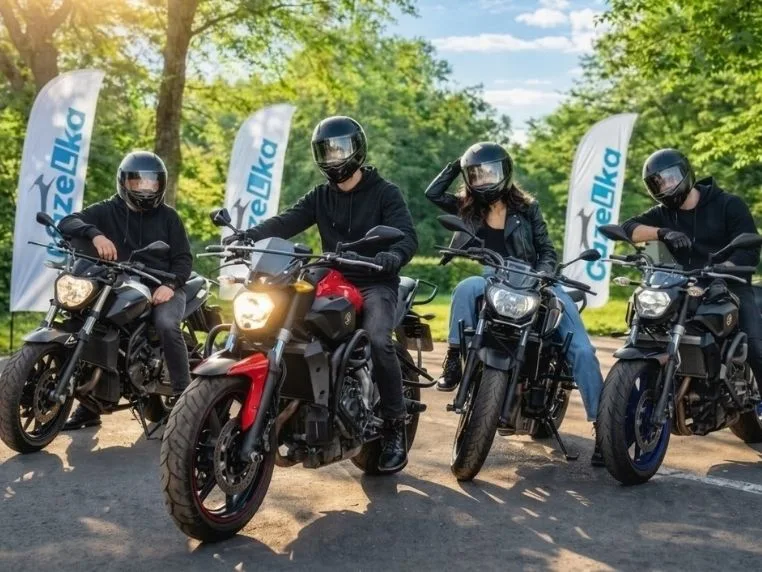 Kursanci szkoły jazdy GAZeLka na motocyklach podczas kursu prawa jazdy w Warszawie