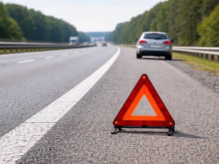 Trójkąt ostrzegawczy ustawiony na autostradzie za unieruchomionym samochodem stojącym na poboczu