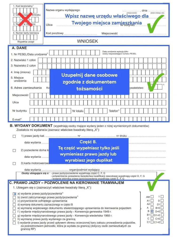 wniosek o wydanie prawa jazdy jak wypełnić dane osobowe urząd i kategorie formularz krok po kroku