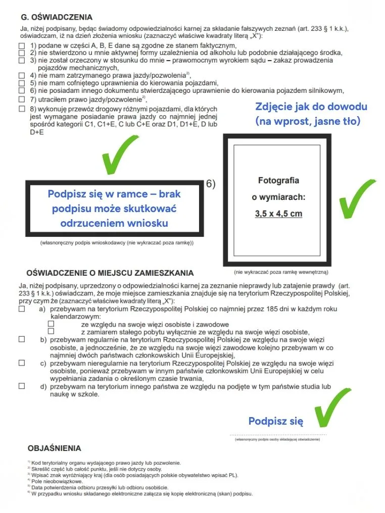 wniosek o wydanie prawa jazdy gdzie podpisać zdjęcie wymagania 3,5x4,5 oraz oświadczenie miejsce zamieszkania