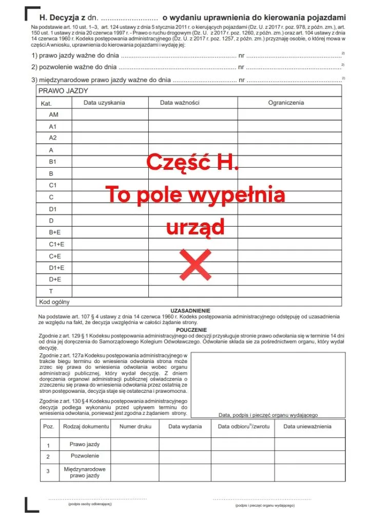wniosek o wydanie prawa jazdy część h kto wypełnia decyzja urzędu formularz