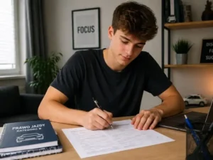 18-letni chłopak w domu przy biurku wypełnia wniosek o wydanie prawa jazdy kategorii B