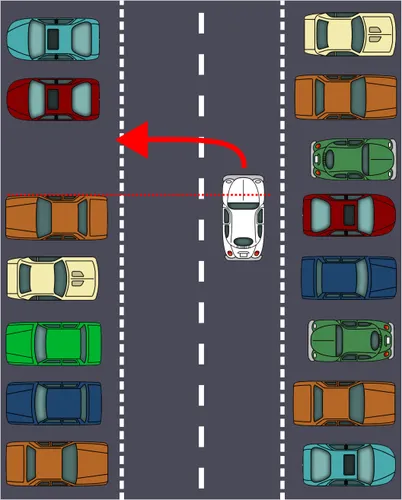 Parkowanie prostopadłe przodem – rozpoczęcie skrętu w lewo Parkowanie prostopadłe przodem – krok 3: rozpoczęcie skrętu w lewo w miejsce parkingowe