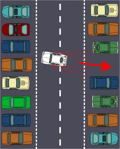 Krok 4: wjazd tyłem na miejsce parkingowe Samochód wjeżdża tyłem na miejsce parkingowe, obserwując auta po obu stronach