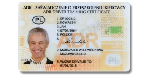 Zaświadczenie ADR o przeszkoleniu kierowcy – wzór dokumentu, strona przednia Zaświadczenie ADR o przeszkoleniu kierowcy – przód dokumentu