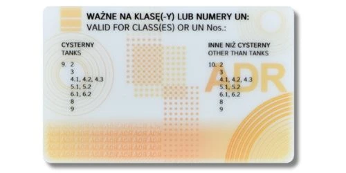 Zaświadczenie ADR o przeszkoleniu kierowcy – wzór dokumentu, strona tylna Zaświadczenie ADR o przeszkoleniu kierowcy – tył dokumentu