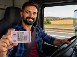Kierowca zawodowy trzyma prawo jazdy z wpisem kod 95 potwierdzającym kwalifikacje do wykonywania transportu drogowego.