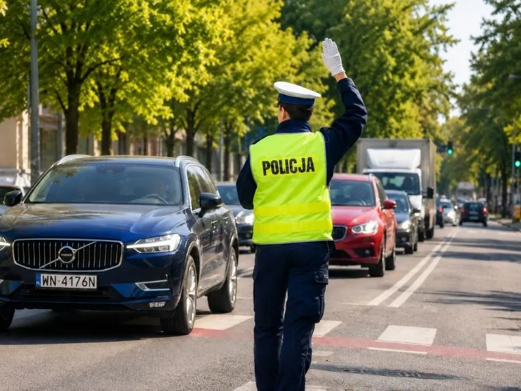 Policjant kierujący ruchem Policjant kierujący ruchem na ulicy w dzień, zatrzymujący samochody i regulujący przejazd na drodze