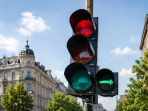 Sygnalizator świetlny z czerwonym, żółtym i zielonym światłem oraz zieloną strzałką warunkową na skrzyżowaniu.