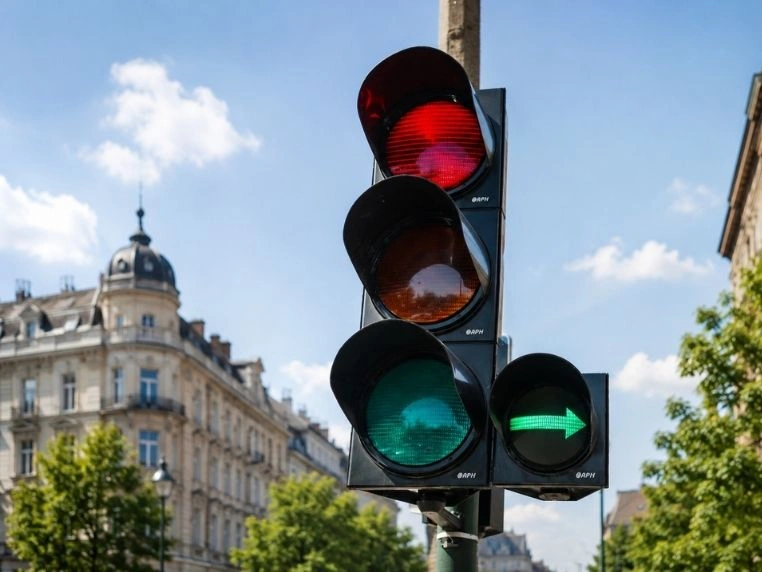Sygnalizator świetlny z czerwonym, żółtym i zielonym światłem oraz zieloną strzałką warunkową na skrzyżowaniu.