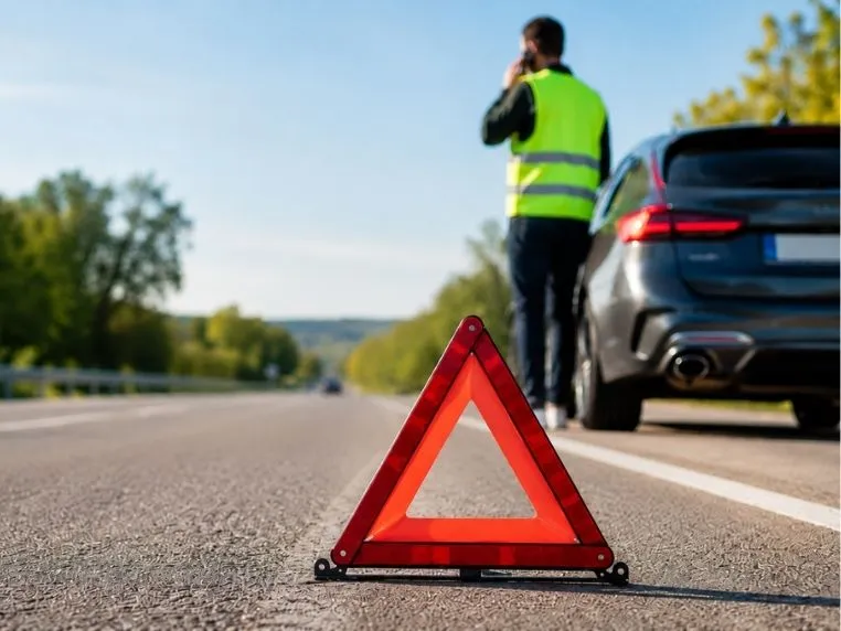 Trójkąt ostrzegawczy ustawiony na jezdni przy awarii samochodu stojącego na poboczu drogi