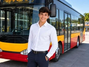 Kierowca autobusu miejskiego stojący przed autobusem - czas pracy na linii do 50 km